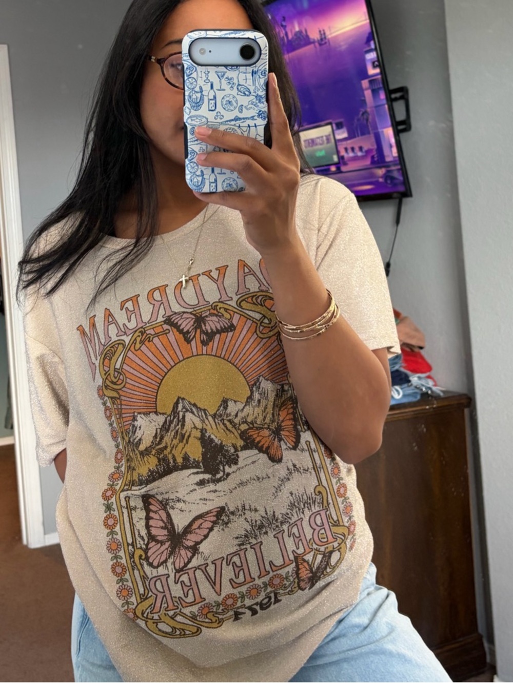 Altar'd State Cream Graphic Mountain & Butterfly Tee